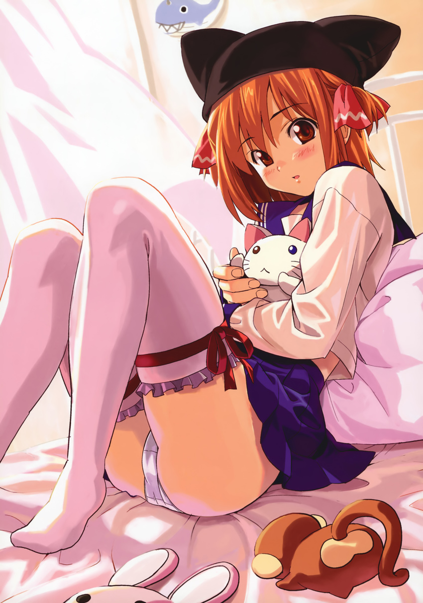 absurdres animal_hat bed blush brown_eyes brown_hair bunny cat cat_hat curtains doll_hug hat highres looking_at_viewer monkey original panties pantyshot pantyshot_(sitting) phonecard pillow ribbon scan school_uniform sitting solo stuffed_animal stuffed_cat stuffed_toy takeda_hiromitsu thighhighs underwear white_legwear