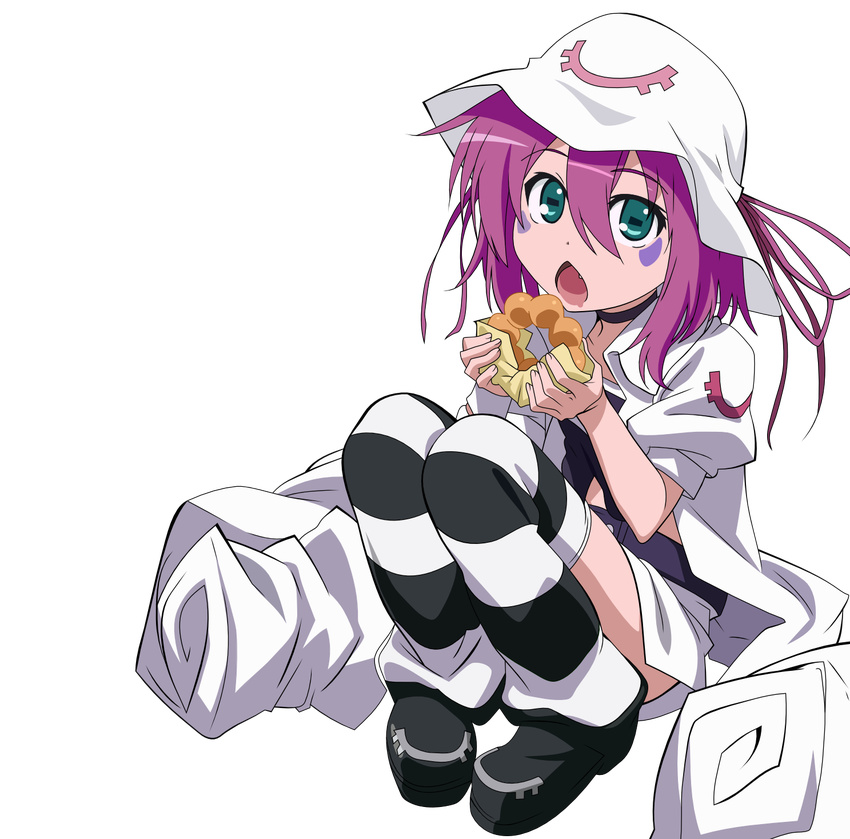 choker doughnut eating fang food full_body green_eyes hat highres jacket merry_nightmare open_mouth purple_hair short_hair sitting skirt solo striped striped_legwear thighhighs torasen_(artist) transparent_background vector_trace yumekui_merry