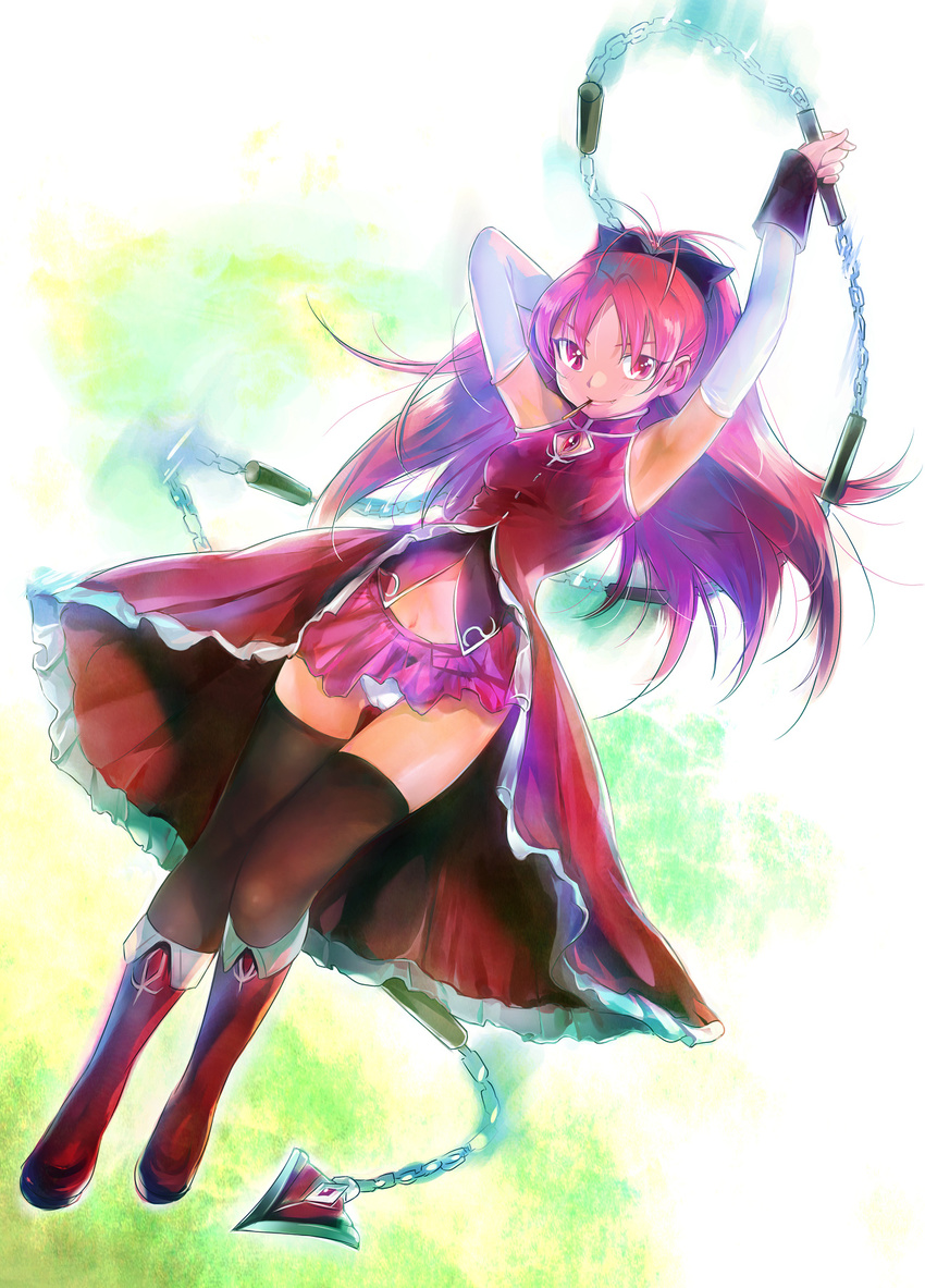 armpits arms_up black_legwear boots bow cameltoe chain detached_sleeves dutch_angle elbow_gloves fang food gloves hair_bow hand_behind_head highres jewelry knee_boots long_hair magical_girl mahou_shoujo_madoka_magica miniskirt mouth_hold navel osamu panties pendant pink_eyes pink_hair pocky polearm sakura_kyouko skirt solo thighhighs underwear weapon white_panties