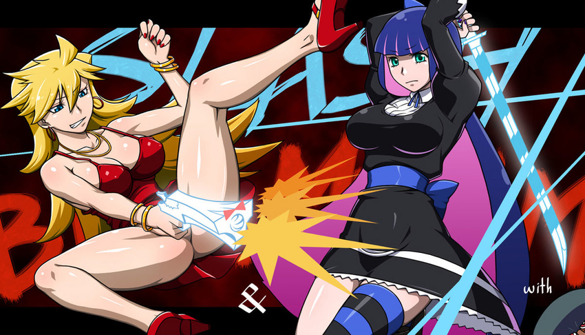 ass back_lace breasts cleavage covering garterbelt_(character) garterbelt_(psg) gun kurojiya no_panties panty_&amp;_stocking_with_garterbelt panty_(character) panty_(psg) stocking_(character) stocking_(psg) stripes_i_&amp;_ii sword weapon