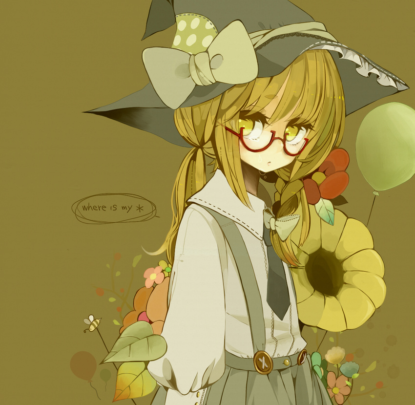 alternate_costume alternate_hairstyle bad_id bad_pixiv_id balloon bespectacled blonde_hair braid contemporary english flower glasses hat kirisame_marisa long_hair necktie purintowswsp ribbon solo suspenders tears touhou twintails upper_body witch_hat yellow_eyes