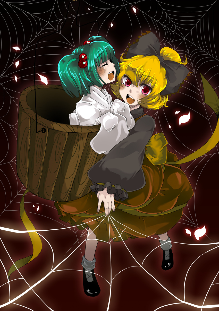 :d absurdres blonde_hair bow bucket glowing green_hair hair_bow highres in_bucket in_container kisume kurodani_yamame multiple_girls open_mouth petals pink_eyes short_hair silk smile spider_web susan touhou twintails wooden_bucket