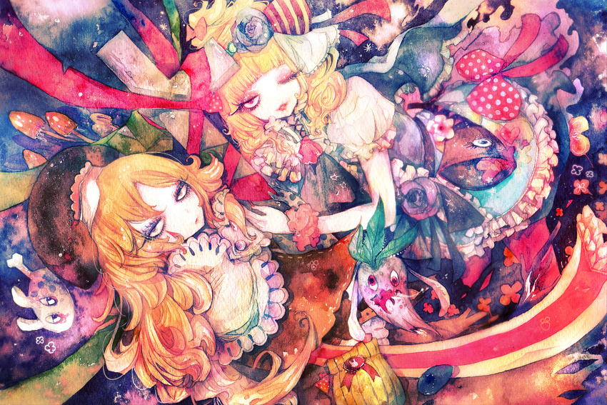 bow dress hair_bow hat houmuari makeup multiple_girls one_eye_closed pixiv_fantasia pixiv_fantasia_5