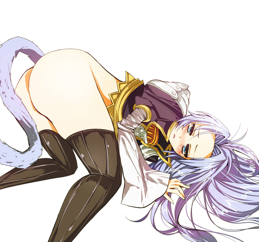 1boy armor ass ass_up bent_over black_legwear black_thighhighs blue_eyes blush final_fantasy final_fantasy_ix frown highres kuja long_hair male male_focus open_mouth silver_hair simple_background solo tail thighhighs top-down_bottom-up top-down_bottom_up toro0609 trap