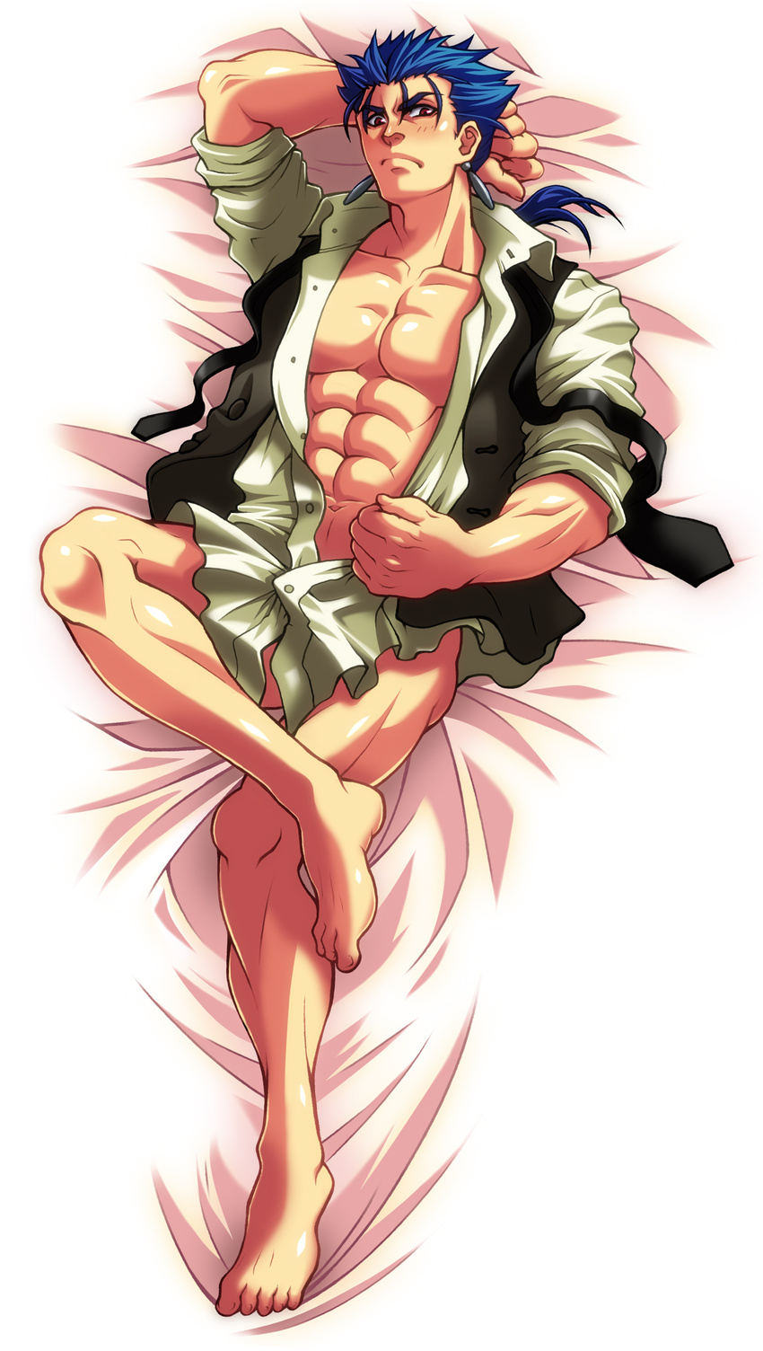 abs barefoot bed blue_hair blush dakimakura earrings fate/stay_night fate_(series) feet highres jewelry lancer lying male_focus manly masurao_bc muscle necktie no_pants on_back open_clothes open_shirt ponytail red_eyes shirt solo waistcoat
