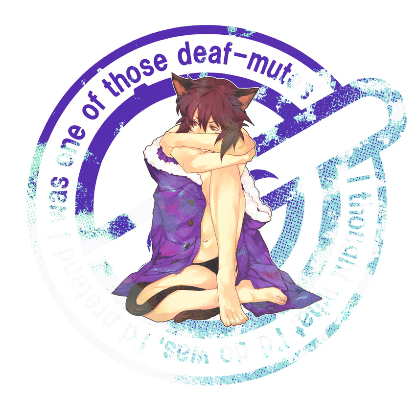 animal_ears barefoot cat_ears cat_tail feet full_body ghost_in_the_shell ghost_in_the_shell_stand_alone_complex highres jacket kusanagi_motoko laughing_man navel panties purple_hair red_eyes short_hair sitting solo tail topless underwear
