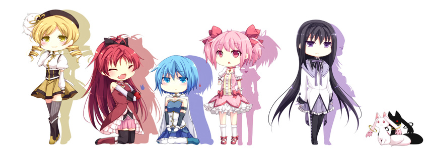 akemi_homura apple bad_id bad_pixiv_id black_hair blonde_hair blue_eyes blue_hair blush bow braid bubble_skirt cape chibi closed_eyes drill_hair fang food fruit fuyu-nagi glasses hair_bow hat highres kaname_madoka kyubey magical_girl mahou_shoujo_madoka_magica mami_mogu_mogu miki_sayaka multiple_girls ominous_shadow open_mouth pantyhose pink_eyes pink_hair purple_eyes red_eyes red_hair sakura_kyouko shadow silhouette skirt spoilers tomoe_mami twin_drills twintails yellow_eyes