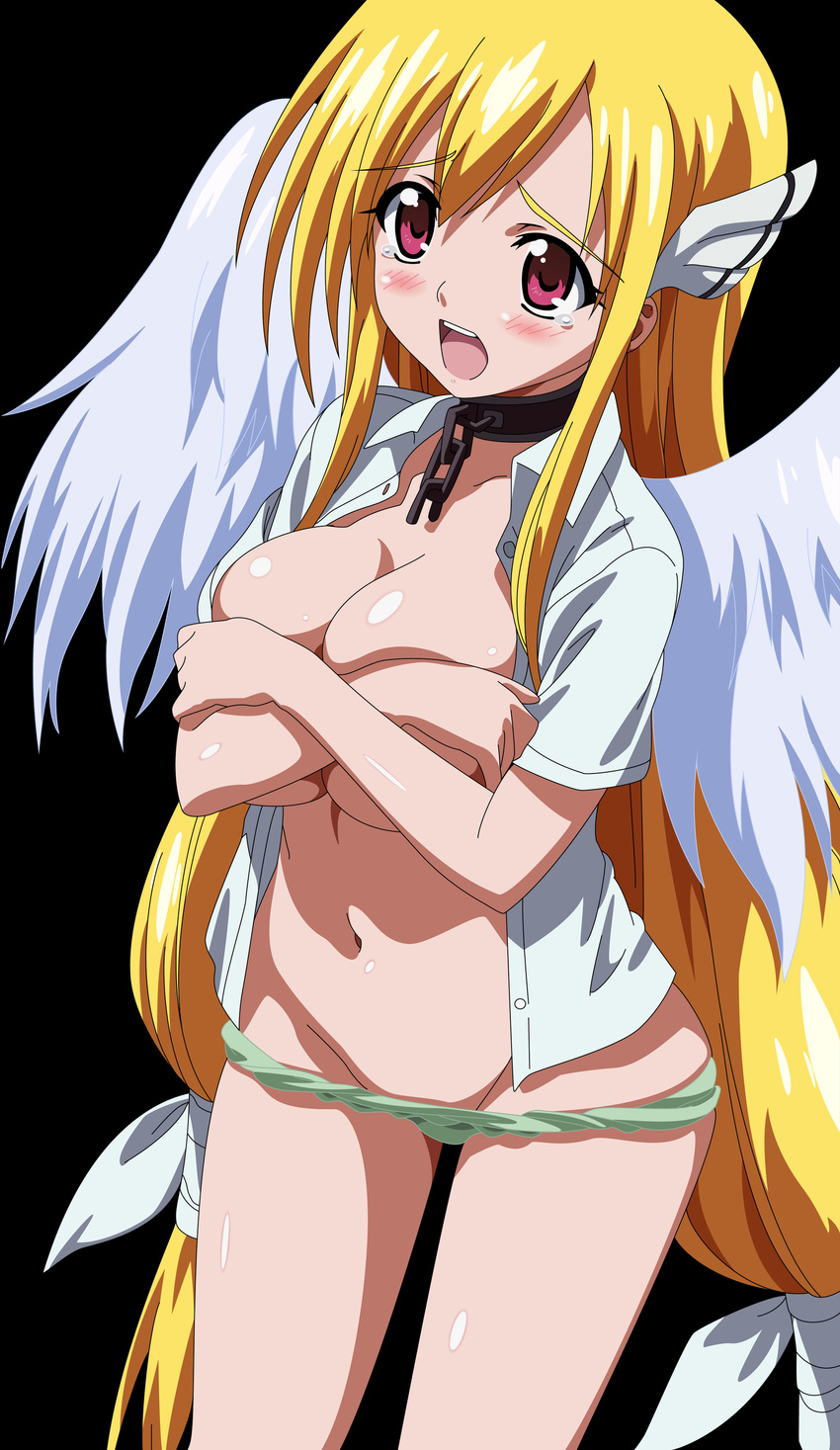 absurdres astraea blonde_hair blush breasts busty cleavage covering covering_breasts female highres legs long_hair navel open_clothes open_mouth open_shirt panties photoshop red_eyes shirt simple_background solo sora_no_otoshimono thighs underwear vector vector_trace wings