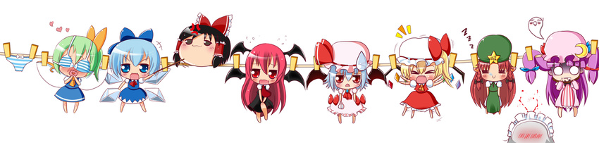 &gt;_&lt; 6+girls :&lt; :3 :d =_= anger_vein ascot bangs barefoot bat_wings black_hair blood blue_dress blue_eyes blue_hair blunt_bangs bow bow_bra bow_panties bra bra_on_head braid brooch brown_eyes chibi china_dress chinese_clothes cirno closed_eyes clothesline crescent cup d: daiyousei dress dress_shirt embarrassed expressive_clothes fairy_wings fang female_pervert flailing flandre_scarlet giving_up_the_ghost green_hair hair_bow hair_tubes hakurei_reimu hat hat_bow heart heart_in_mouth highres hime_cut hong_meiling izayoi_sakuya jewelry koakuma large_bow linda_b lingerie long_image maid_headdress multiple_girls nose_bubble nosebleed o_o object_on_head open_mouth panties patchouli_knowledge pervert pointer purple_dress red_eyes red_hair remilia_scarlet shaded_face shirt short_sleeves side_ponytail skirt skirt_set sleeping smile star striped striped_bra striped_dress striped_panties sweatdrop teacup the_embodiment_of_scarlet_devil touhou turn_pale twin_braids underwear v-shaped_eyebrows waving wavy_mouth white_shirt wide_image wings yukkuri_shiteitte_ne zzz