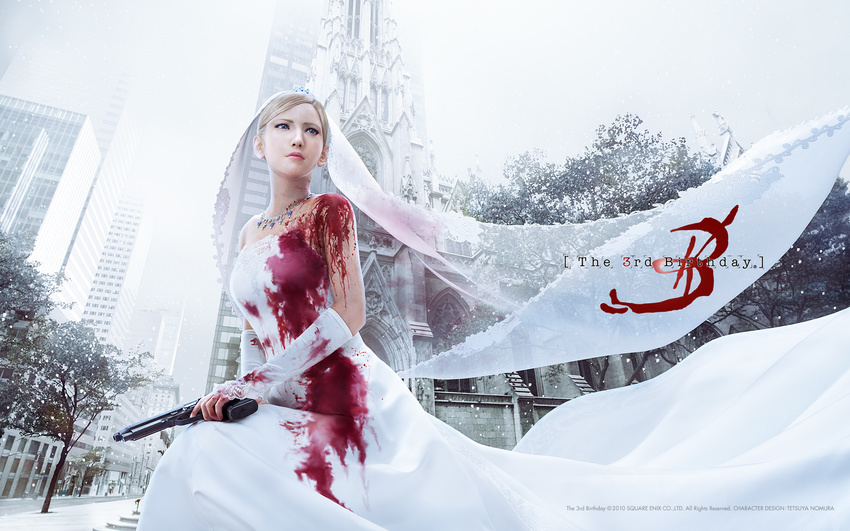 artist_request aya_brea blonde_hair blood dress gun highres jewelry necklace official_art parasite_eve parasite_eve_the_3rd_birthday snow solo train_(clothing) veil wallpaper weapon wedding_dress