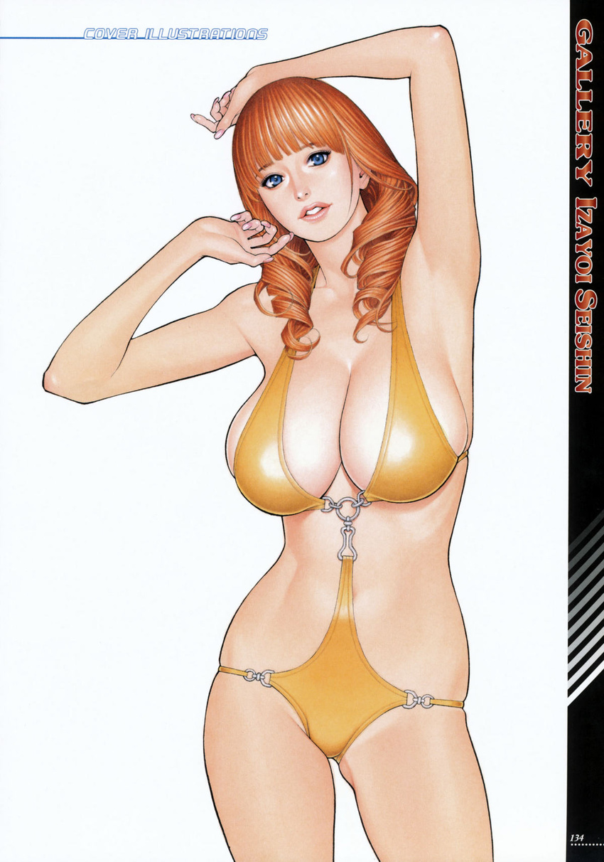 action_pizazz armpits arms_up artbook artist_name blue_eyes breasts cowboy_shot drill_hair highres izayoi_seishin large_breasts lips long_hair looking_at_viewer mature orange_hair page_number parted_lips simple_background solo swimsuit white_background yellow_swimsuit