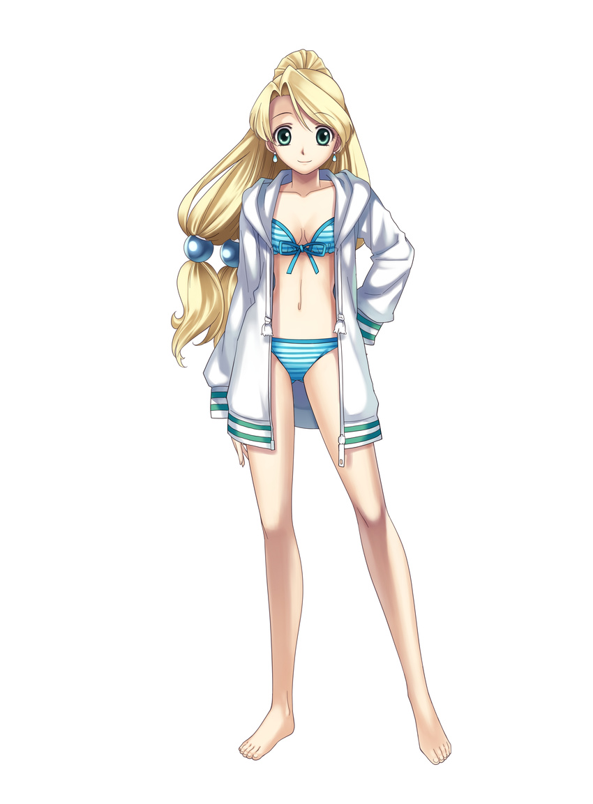 absurdres alternate_costume aqua_eyes arm_behind_back atelier_(series) atelier_marie bangs barefoot bikini bikini_under_clothes blonde_hair blue_bikini breasts cleavage cross_edge earrings feet front-tie_top full_body hair_bobbles hair_ornament highres hirano_katsuyuki hood hoodie jacket jewelry legs long_hair looking_at_viewer low-tied_long_hair marie_(atelier) medium_breasts navel official_art open_clothes open_jacket parted_bangs ponytail quad_tails simple_background smile solo standing striped striped_bikini swimsuit swimsuit_under_clothes unzipped white_background zipper