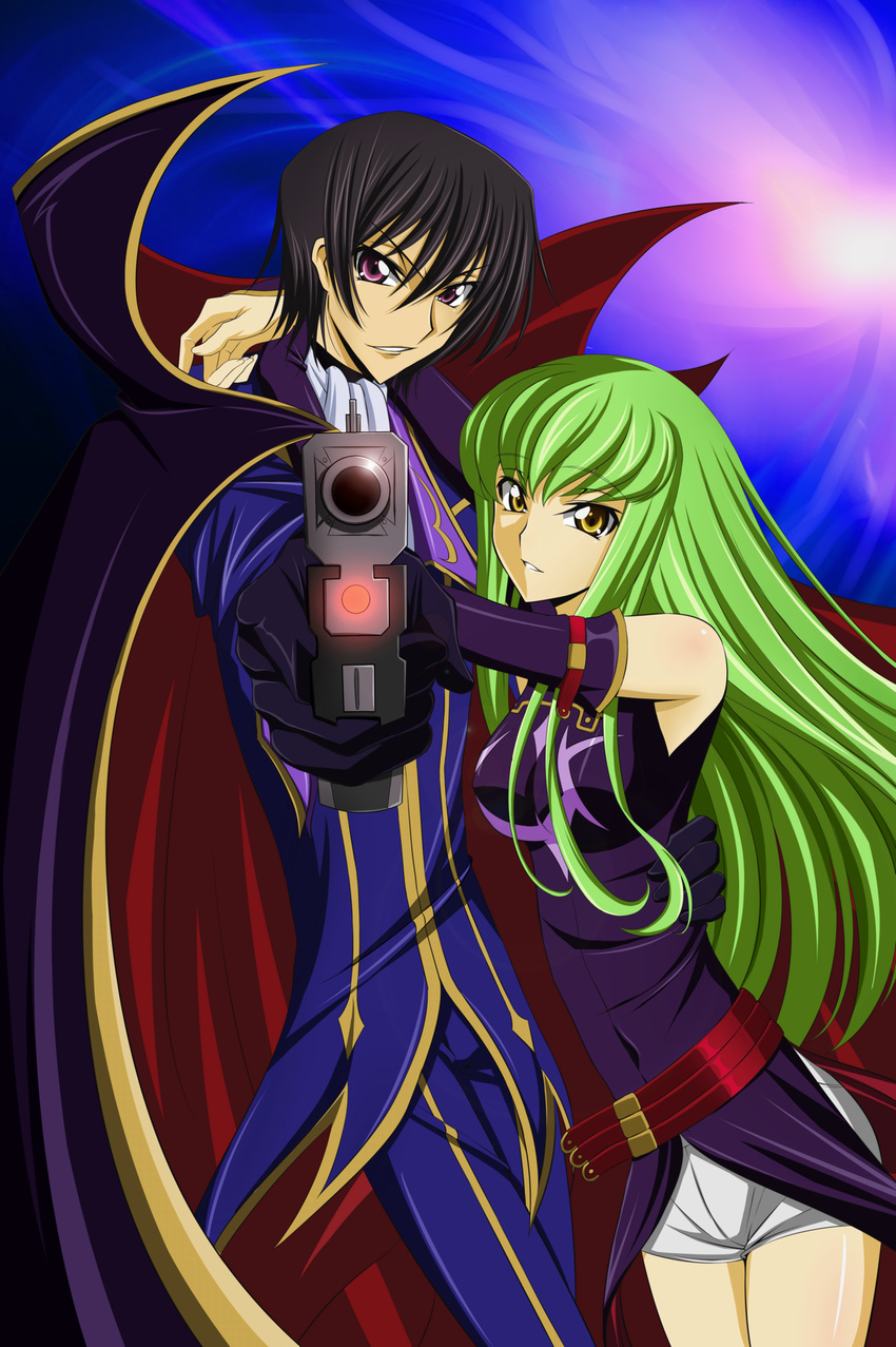 1girl bad_id bad_pixiv_id black_gloves black_hair c.c. ccllsaikou code_geass covered_navel detached_sleeves gloves green_hair gun highres holding holding_gun holding_weapon lelouch_lamperouge long_hair looking_at_viewer purple_eyes shorts weapon white_shorts yellow_eyes