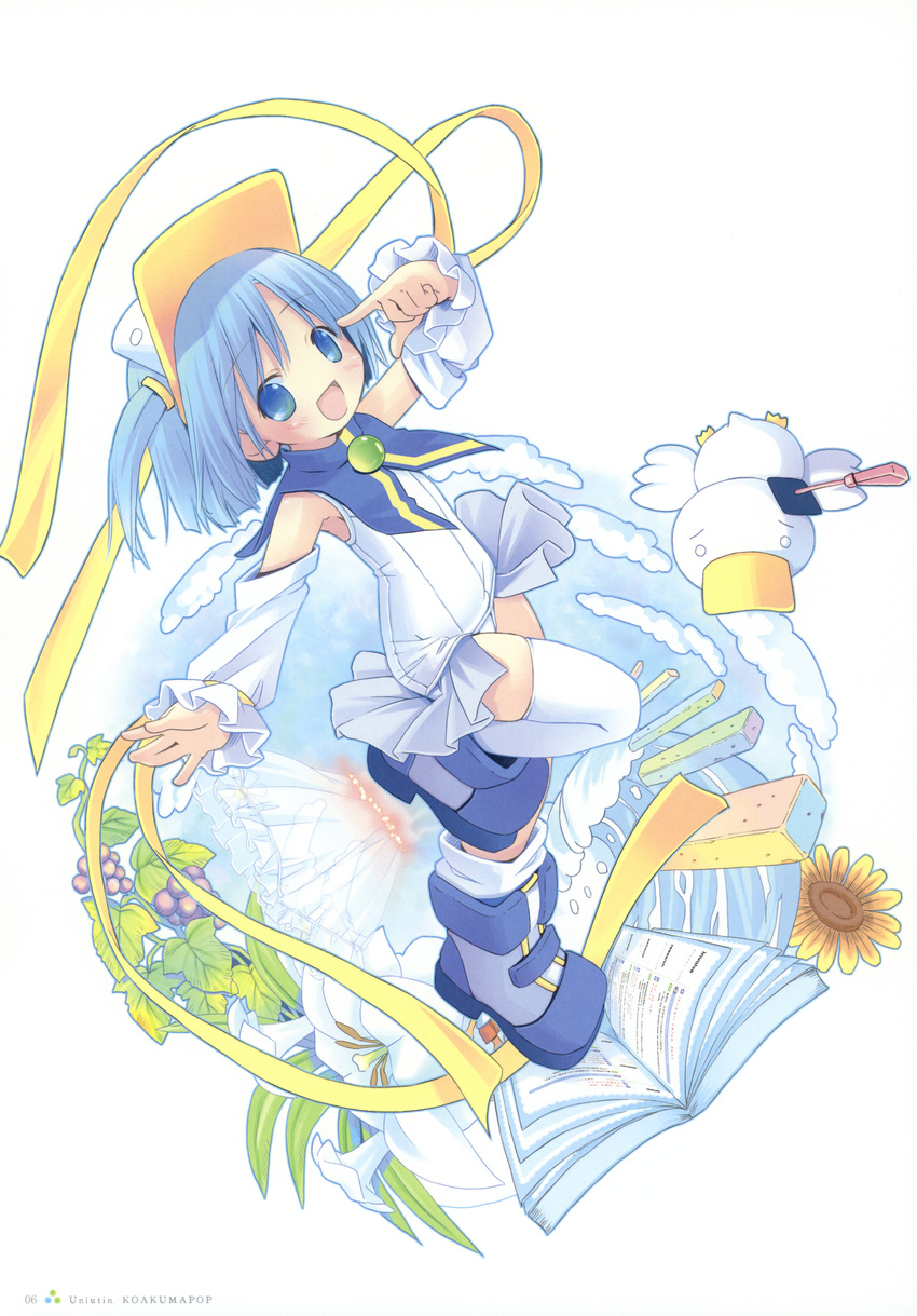 :d absurdres ah-kun animal artbook asymmetrical_clothes bare_shoulders bird blue_eyes blue_hair blush book cloud detached_sleeves duck flat_chest flower food frilled_swimsuit frills fruit grapes hair_tie hat highres lily_(flower) magical_girl moetan non-web_source o_o one-piece_swimsuit open_mouth pastel_ink pop ribbon school_swimsuit shoes short_hair short_twintails single_thighhigh sky smile socks solo sunflower swimsuit swimsuit_costume thighhighs twintails visor_cap water waves white_school_swimsuit white_swimsuit