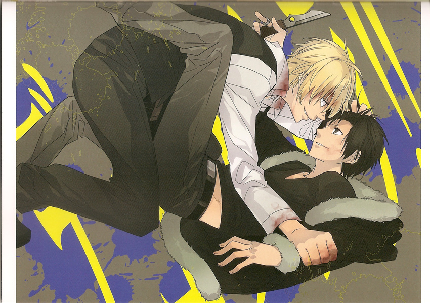 bartender black_hair blonde_hair blood brown_eyes coat durarara!! fur_trim grin hair_grab heiwajima_shizuo highres jewelry knife male_focus multiple_boys orihara_izaya ring ryugo scan sexually_suggestive short_hair simple_background smile weapon