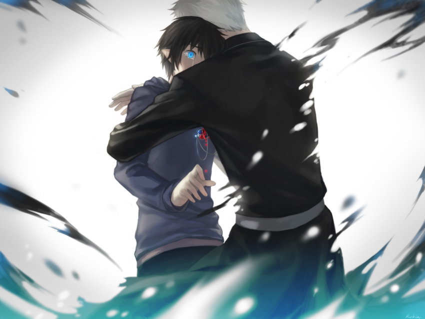 ao_no_exorcist back bad_id bad_pixiv_id bangs black_hair blood blue_eyes blurry comforting covered_mouth cowboy_shot crying crying_with_eyes_open fujimoto_shirou grey_background grey_hair hood hood_down hoodie hug injury long_sleeves male_focus motion_blur multiple_boys okumura_rin one_eye_covered outstretched_hand pointy_ears robinexile sash streaming_tears surprised tears torn_clothes white_hair