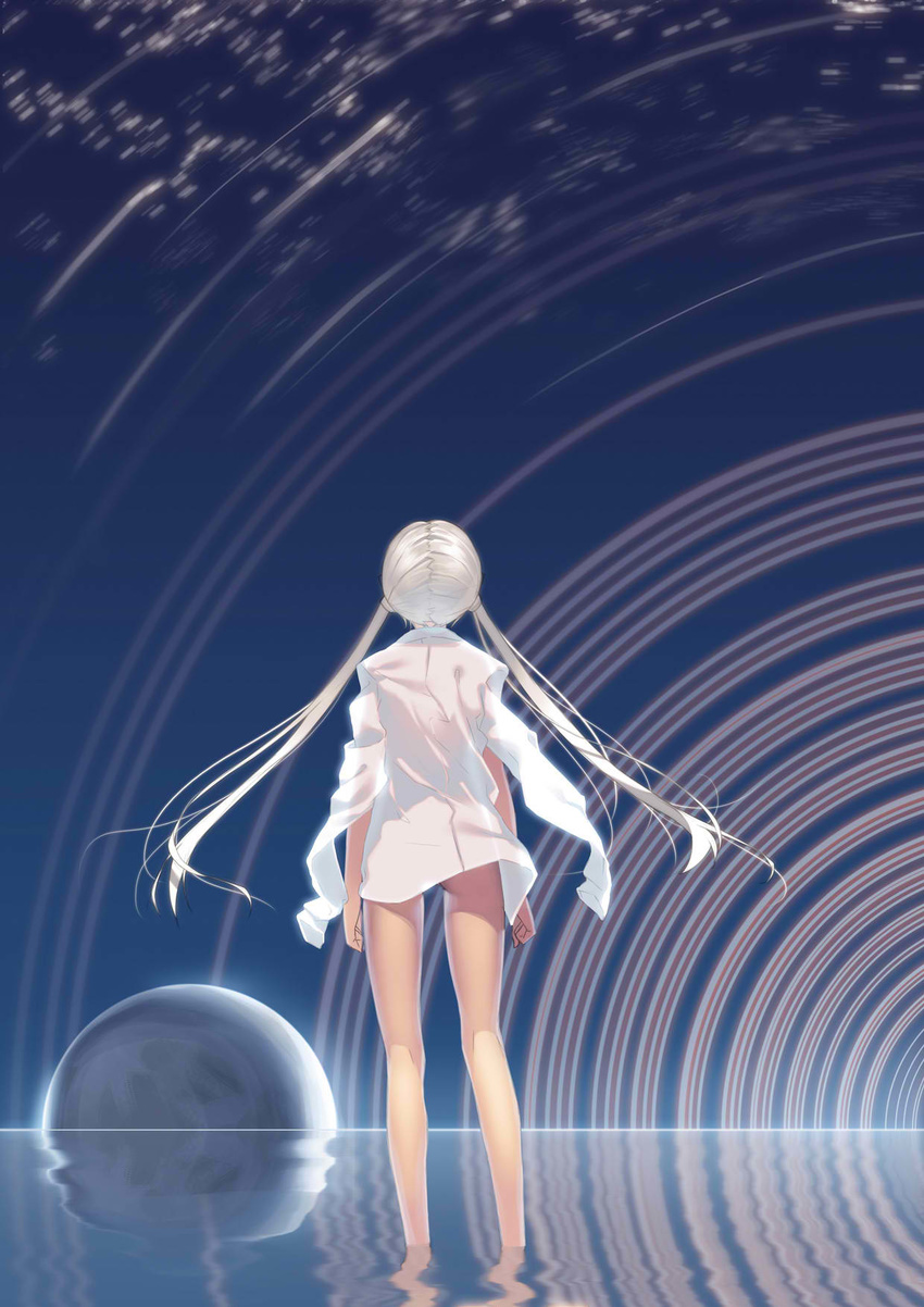 bad_id bad_pixiv_id highres joeian kneepits long_hair looking_up motion_blur naked_shirt nude original planet reflection see-through shirt shirt_on_shoulders solo standing star twintails very_long_hair wading water white_hair