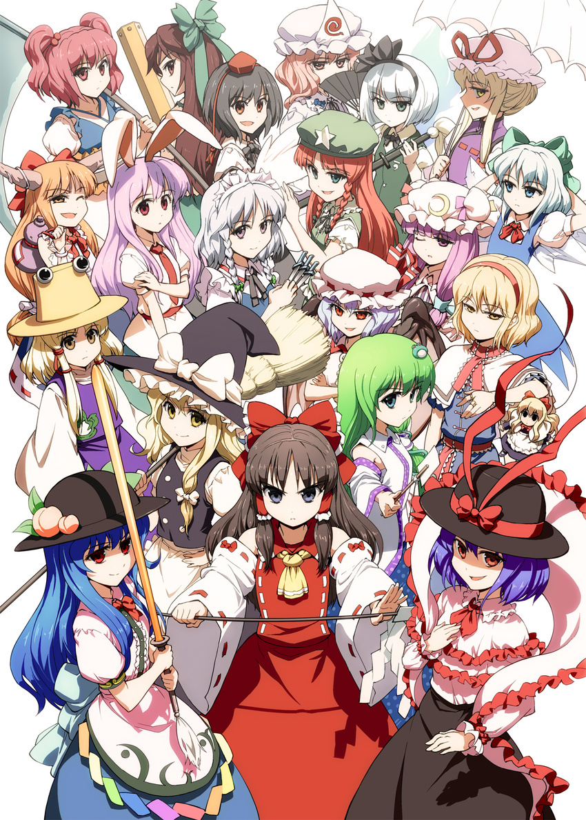 alice_margatroid animal_ears arm_cannon bad_id bad_pixiv_id bat_wings beret black_hair blonde_hair blue_eyes blue_hair blush bow braid broom brown_eyes brown_hair bunny_ears cape capelet cirno crescent detached_sleeves dress everyone eyes fan fang food frog fruit gohei gourd green_eyes green_hair hair_bobbles hair_bow hair_ornament hair_ribbon hair_tubes hairband hakurei_reimu hat hat_bow hat_ribbon highres hinanawi_tenshi hong_meiling horns ibuki_suika izayoi_sakuya katana kirisame_marisa knife kochiya_sanae konpaku_youmu lavender_hair long_hair maid maid_headdress moriya_suwako multiple_girls nagae_iku necktie one_eye_closed onozuka_komachi orange_eyes orange_hair patchouli_knowledge peach pink_eyes pink_hair purple_eyes purple_hair red_eyes red_hair reisen_udongein_inaba reiuji_utsuho remilia_scarlet ribbon saigyouji_yuyuko scarlet_weather_rhapsody scythe shameimaru_aya shanghai_doll shawl short_hair silver_hair skirt smile snake star sword sword_of_hisou takahata_yuki tokin_hat touhou touhou_hisoutensoku triangular_headpiece twin_braids two_side_up umbrella weapon wings witch_hat yakumo_yukari yellow_eyes