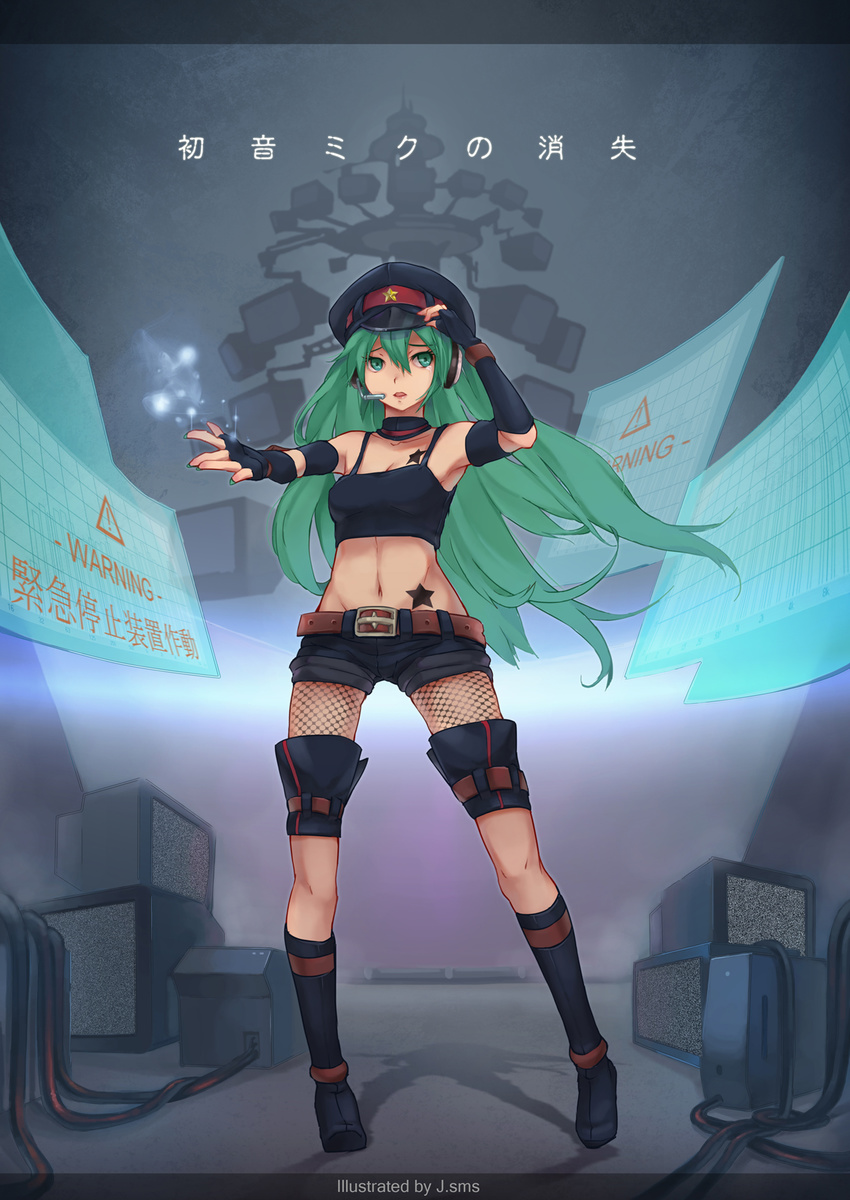 armpits belt elbow_gloves fingerless_gloves gloves green_eyes green_hair hat hatsune_miku hatsune_miku_no_shoushitsu_(vocaloid) headphones headset highres hong_(luckeydog) kneehighs long_hair midriff navel outstretched_arm peaked_cap project_diva project_diva_(series) short_shorts shorts solo star tattoo vocaloid