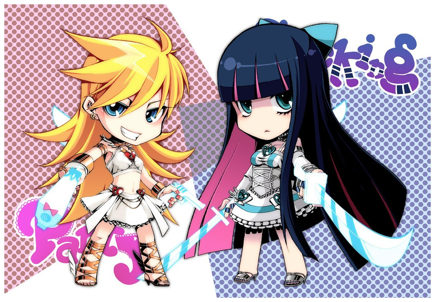 angel back_lace chibi gun panty_&amp;_stocking_with_garterbelt panty_(character) panty_(psg) smile stocking_(character) stocking_(psg) stripes_i_&amp;_ii sword weapon wings