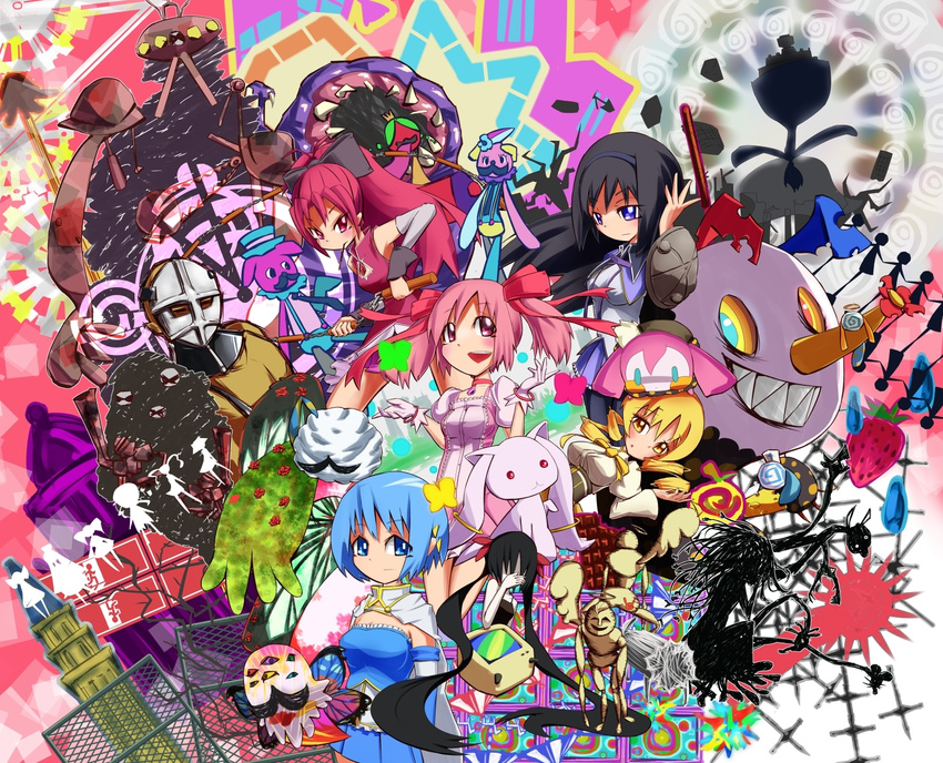 abstract adelbert_(madoka_magica) akemi_homura anja_(madoka_magica) anthony_(madoka_magica) butterfly charlotte_(madoka_magica) daniyyel+jennifer daniyyel+jennifer_(madoka_magica) elsa_maria_(madoka_magica) everyone fence gertrud_(madoka_magica) h.n.elly_(kirsten) h.n.elly_(kirsten)_(madoka_magica) highres kaname_madoka kyubey kyuubee lord_humungus mad_max magical_girl mahou_shoujo_madoka_magica miki_sayaka pyotr_(madoka_magica) sakura_kyouko sebastians_(madoka_magica) television tomoe_mami walpurgis_no_yoru_(madoka_magica) walpurgisnacht_(madoka_magica) witch's_labyrinth witch's_labyrinth witch_from_prologue_(madoka_magica) ymd_(assiman)