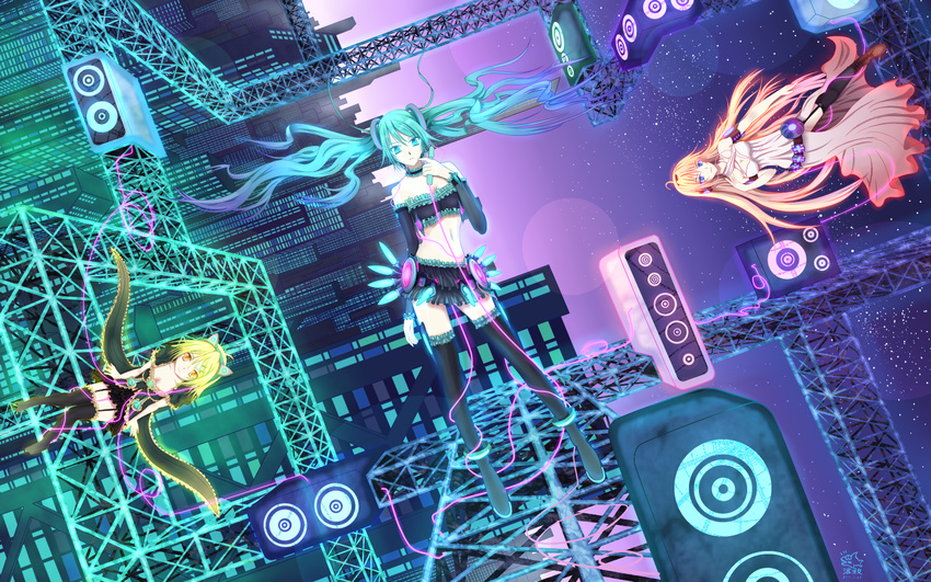 aqua_eyes aqua_hair bad_id bad_pixiv_id blonde_hair cityscape dress hair_ornament hairclip hatsune_miku hatsune_miku_(append) highres kagamine_rin kagamine_rin_(append) langjiao long_hair megurine_luka microphone midriff multiple_girls navel pink_hair short_hair skirt speaker thighhighs twintails very_long_hair virtual_reality vocaloid vocaloid_append yellow_eyes zettai_ryouiki