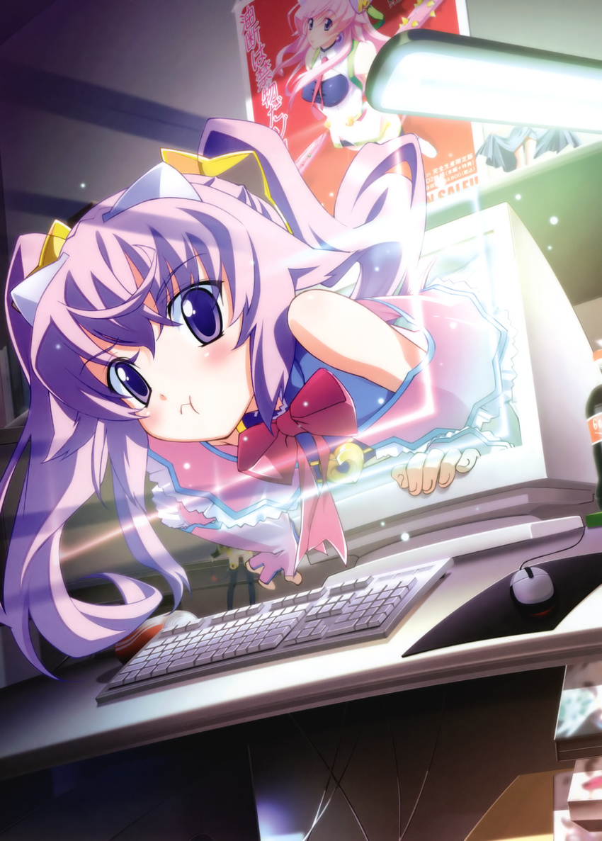 :t absurdres chaos;head chaos;head_love_chu_chu! computer erin-fray_orgel highres matsuo_yukihiro monitor mouse purple_eyes purple_hair seira_orgel solo through_screen twintails