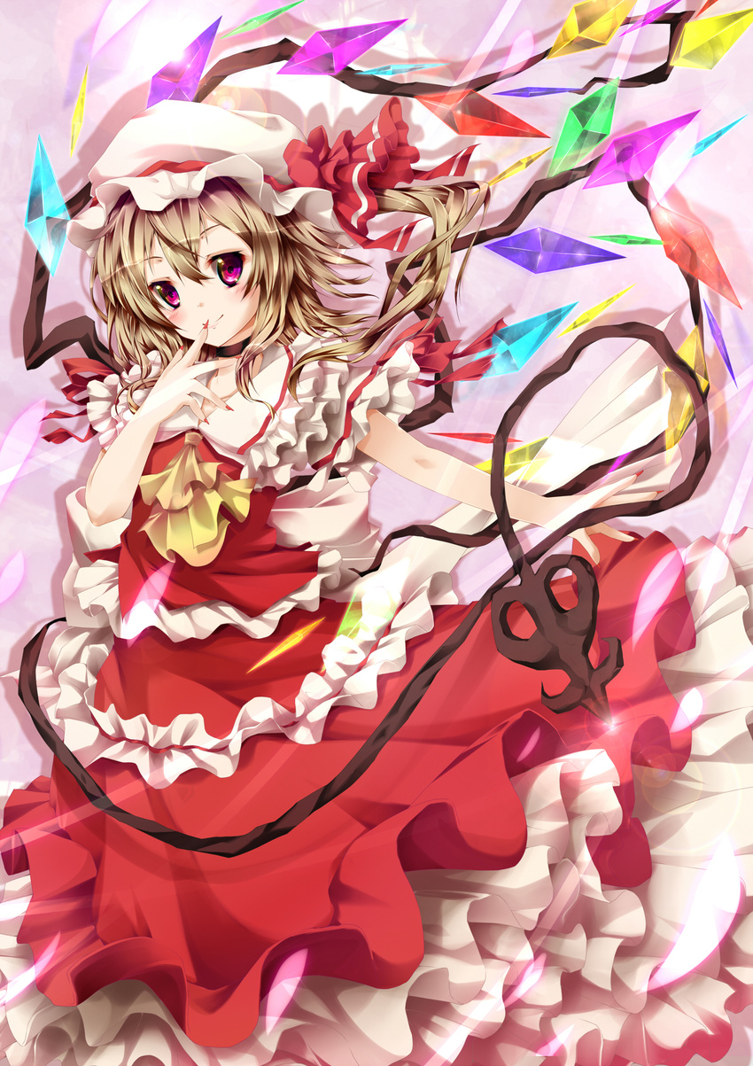 absurdres ascot blonde_hair blush choker dress finger_to_mouth fingernails flandre_scarlet frilled_dress frills hat hat_ribbon highres laevatein multicolored multicolored_eyes nail_polish nironiro ribbon side_ponytail smile solo touhou weapon wings