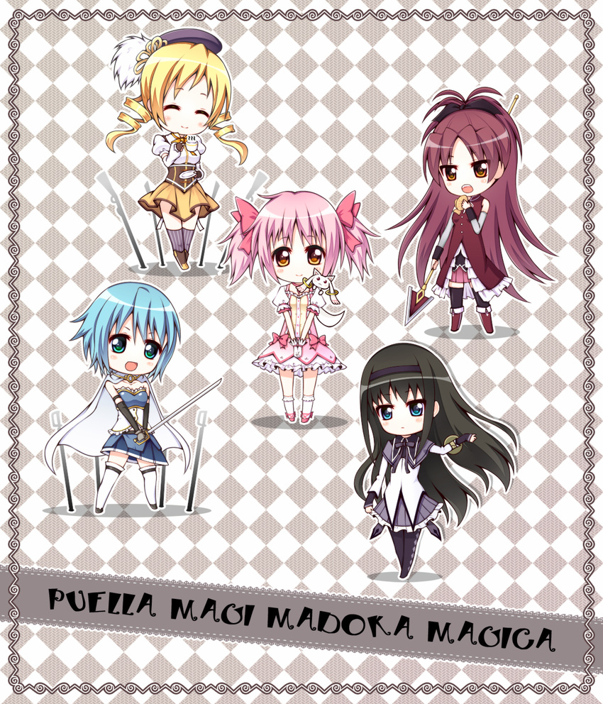 akemi_homura argyle argyle_background bad_id bad_pixiv_id beret black_hair blonde_hair blue_hair boots brown_legwear checkered checkered_background chibi copyright_name corset detached_sleeves drill_hair everyone fingerless_gloves gloves gun hair_ornament hairpin hat highres kaname_madoka kyubey long_hair magical_girl magical_musket mahou_shoujo_madoka_magica miki_sayaka multiple_girls neon_(neonknight) pantyhose pink_hair pleated_skirt polearm puffy_sleeves red_hair ribbon rifle sakura_kyouko shield shirt skirt spear striped striped_legwear sword taut_clothes taut_shirt thighhighs tomoe_mami twin_drills twintails vertical-striped_legwear vertical_stripes weapon zettai_ryouiki