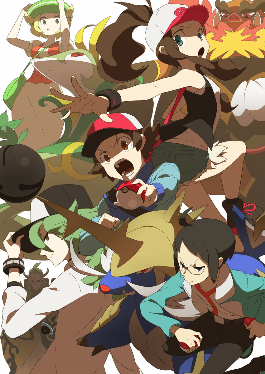 4boys action baseball_cap bel_(pokemon) black_hair blonde_hair blue_eyes brown_eyes brown_hair cheren_(pokemon) denim denim_shorts emboar geechisu_(pokemon) gen_5_pokemon glasses green_eyes green_hair hat highres jacket jewelry long_hair multiple_boys multiple_girls n_(pokemon) poke_ball pokemon pokemon_(creature) pokemon_(game) pokemon_bw ponytail samurott serperior short_hair shorts tomioka_jirou touko_(pokemon) touya_(pokemon) vest