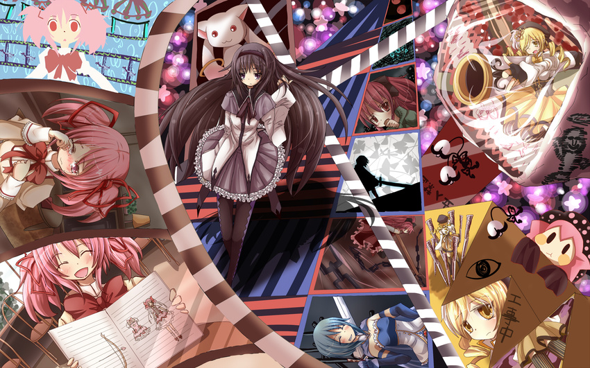 :3 akemi_homura charlotte_(madoka_magica) haru_ion highres kaname_madoka kyubey mahou_shoujo_madoka_magica miki_sayaka multiple_girls tears tomoe_mami