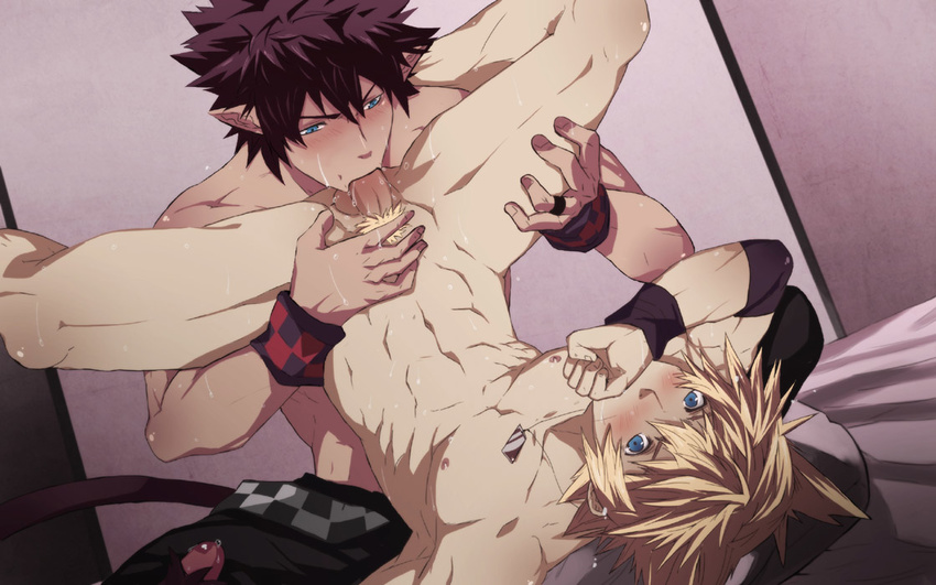 2boys abs bed black_monkey blond blonde_hair blue_eyes brown_hair catboy clothed_on_nude cmnm dog_tags fellatio male maroon_hair mazjojo muscle nude pecs penis penis_tail pointy_ears pubic_hair purple_hair sheets spread_legs tail uncensored upside-down yaoi