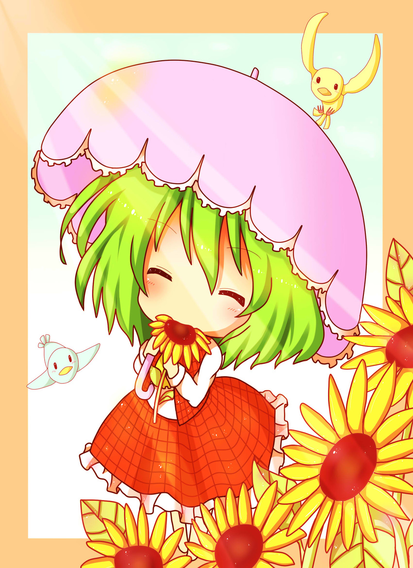 ^_^ bird chewing chibi closed_eyes flower green_hair highres kazami_yuuka mouth_hold parasol plaid ramudia_(lamyun) shirt short_hair skirt solo sunflower touhou umbrella white_shirt