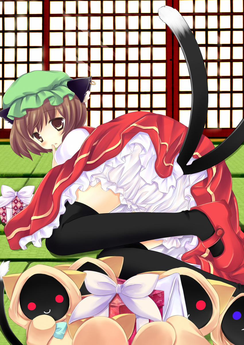 animal_ears black_legwear blazblue bloomers brown_eyes brown_hair cat_ears cat_tail chen crossover earrings hat highres jewelry kaka_kittens mary_janes multiple_girls multiple_tails natsu_dora shoes short_hair tail tatami thighhighs touhou underwear