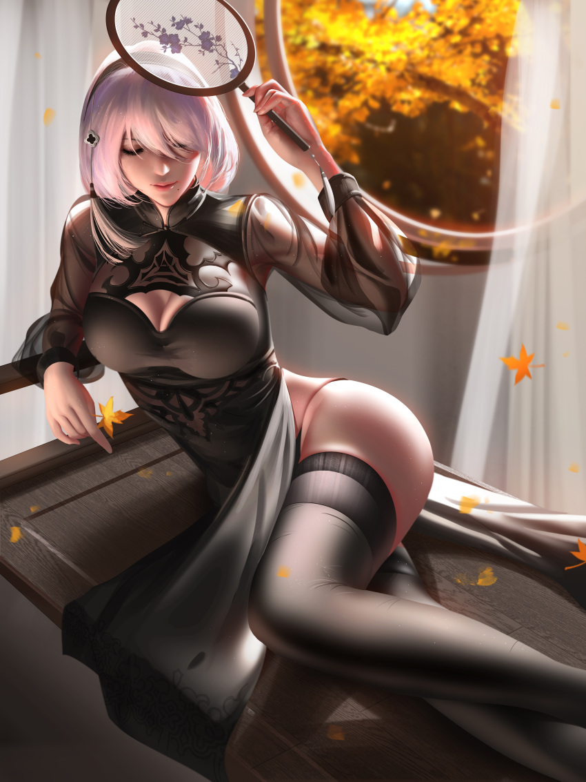 cleavage dress liang_xing nier_automata see_through skirt_lift thighhighs yorha_no.2_type_b