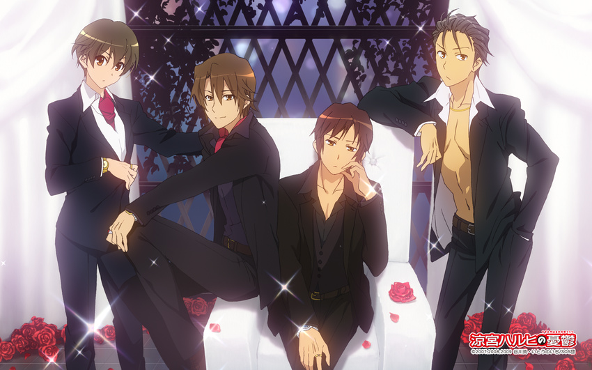 belt brown_hair fabulous flower formal grey_hair hand_in_pocket hand_on_own_cheek hand_on_own_knee highres jewelry koizumi_itsuki kunikida kyon looking_at_viewer male_focus multiple_boys necklace non-web_source official_art open_clothes open_shirt red_flower red_rose ring rose shirt sitting sparkle suit suzumiya_haruhi_no_yuuutsu taniguchi waistcoat watch