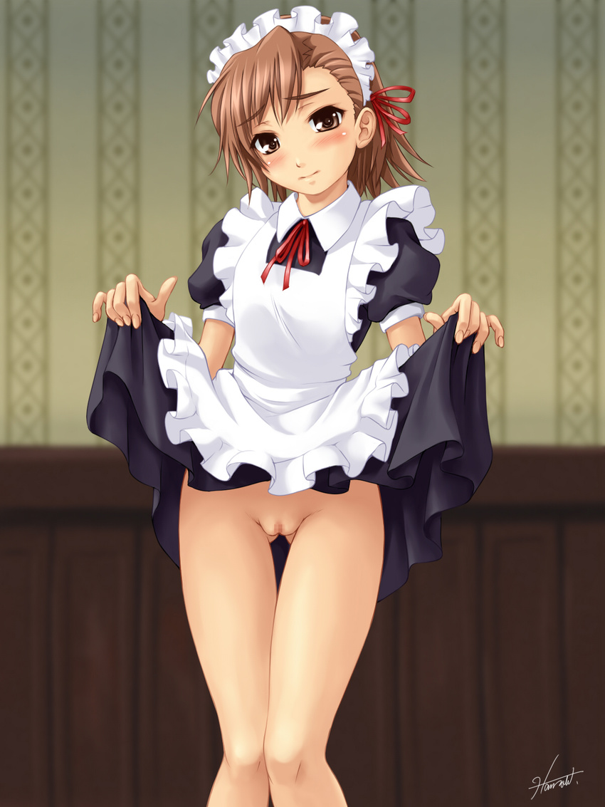 alternate_costume blush brown_eyes brown_hair censored highres kagehara_hanzou maid misaka_mikoto no_panties pussy short_hair skirt skirt_lift solo to_aru_kagaku_no_railgun to_aru_majutsu_no_index