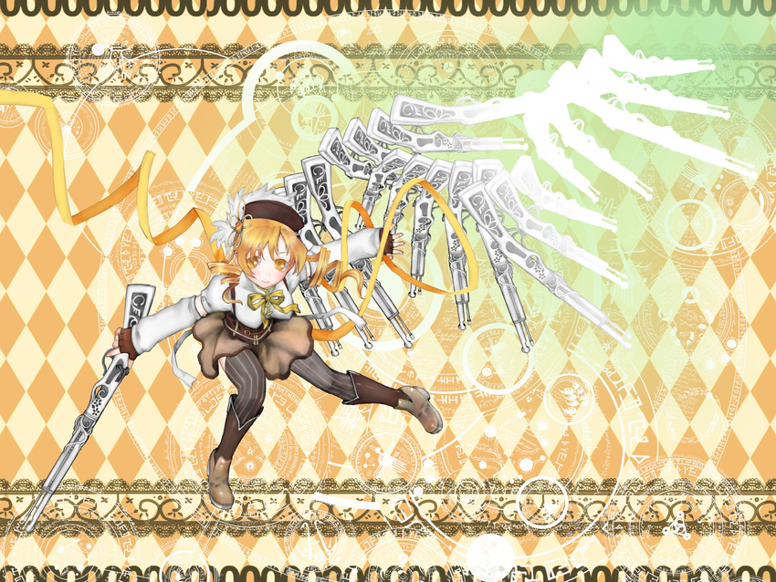 argyle argyle_background beret boots brown_legwear detached_sleeves drill_hair fingerless_gloves gloves gun hair_ornament hairpin hat highres kakashichi magical_girl magical_musket mahou_shoujo_madoka_magica pleated_skirt puffy_sleeves ribbon rifle skirt solo striped striped_legwear thighhighs tomoe_mami twin_drills twintails vertical-striped_legwear vertical_stripes weapon zettai_ryouiki