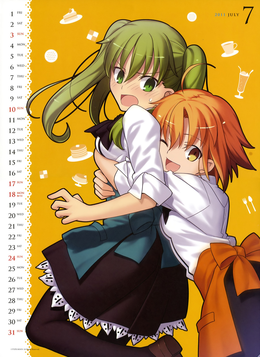 :d absurdres apron black_legwear blush calendar_(medium) green_eyes green_hair hibino_hibiki highres hug hug_from_behind july katsuragi_chikagi mahou_tsukai_no_hako multiple_girls one_eye_closed open_mouth orange_hair pantyhose short_hair smile sweatdrop takeuchi_takashi twintails waitress yellow_eyes