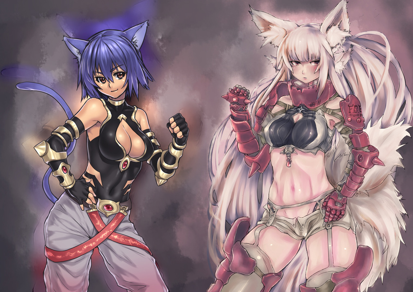 animal_ears blue_hair breasts cameltoe cat_ears cat_tail cleavage cleavage_cutout collaboration fox_ears fox_tail gloves highres houtengeki medium_breasts multiple_girls original panzer tail toned white_hair