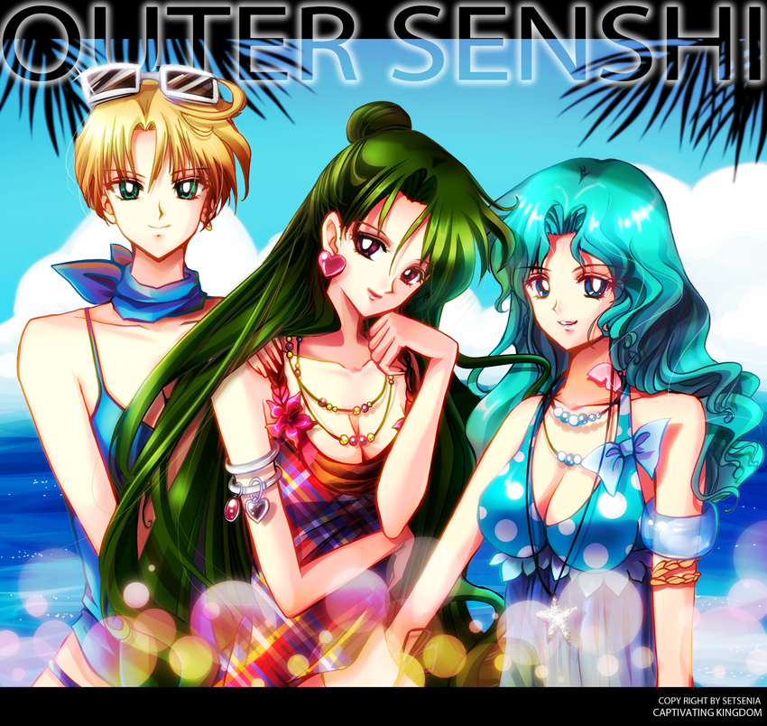 3girls ahoge aqua_hair arm_cuffs ascot beach bishoujo_senshi_sailor_moon blonde_hair blue_eyes breasts cleavage earrings green_eyes green_hair hand_on_another's_face hand_on_face happy highres jewelry kaiou_michiru lens_flare long_hair meiou_setsuna multiple_girls necklace ocean outdoors outside pixiv plaid red_eyes sasori_(pixiv920534) short_hair sunglasses swimsuit ten'ou_haruka tenou_haruka very_long_hair wavy_hair