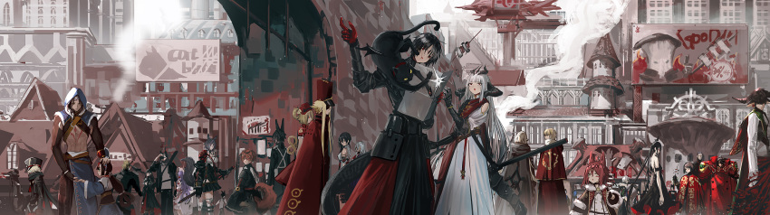 6+boys 6+girls aircraft animal_ears armor bare_shoulders billboard black_hair blimp blonde_hair breasts brown_hair city cloak commentary_request dark_skin dirigible dress fantasy fingerless_gloves food gauntlets gloves green_eyes grey_hair hair_over_eyes hair_over_one_eye hat highres hime_cut hood horns infukun long_hair monster multiple_boys multiple_girls open_mouth pale_skin pauldrons pixiv_fantasia_last_saga purple_hair red_eyes red_gloves red_hair scenery sheath sheathed short_hair silver_hair smile sword tail thighhighs twintails weapon white_legwear