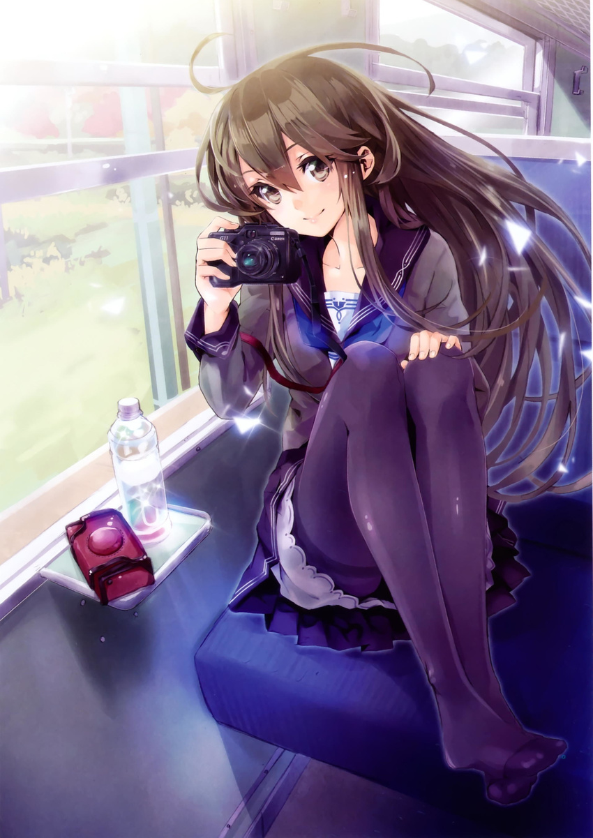 absurdres black_legwear bottle brown_eyes brown_hair camera copyright_request feet hands highres holding jpeg_artifacts no_shoes pantyhose scan school_uniform serafuku sitting smile solo thighband_pantyhose train_interior water_bottle yuugen