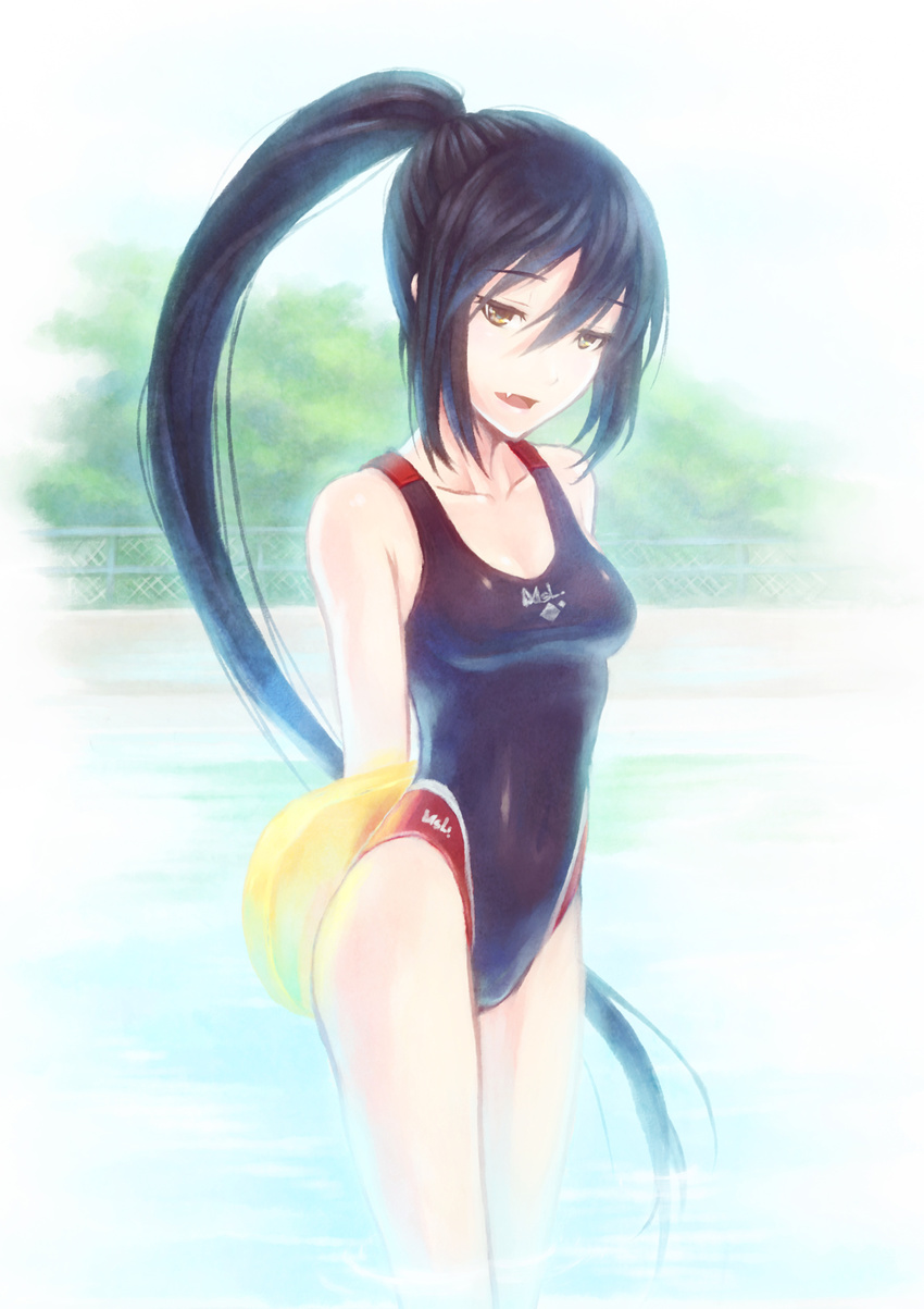 absurdres black_hair competition_swimsuit fang fictional_persona highres kickboard long_hair one-piece_swimsuit original ponytail self-portrait solo swimsuit tda very_long_hair yellow_eyes