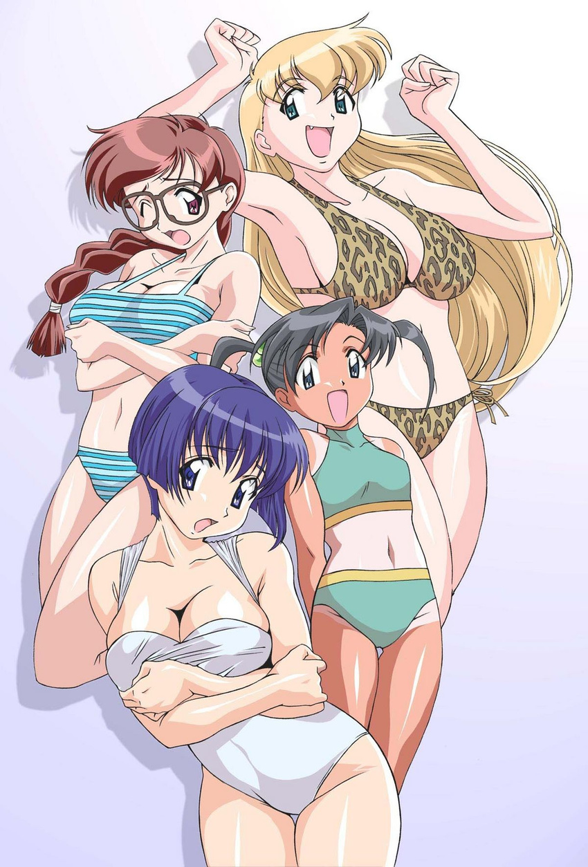 4girls ai_yori_aoshi armpits arms_up bare_shoulders bikini black_eyes black_hair blonde_hair blue_eyes blue_hair bottomless braid breast_hold breasts brown_eyes brown_hair cleavage flat_chest glasses green_eyes grey_eyes grey_hair happy highres large_breasts legs leopard_print long_hair looking_at_viewer minazuki_chika minazuki_taeko multiple_girls navel open_mouth sakuraba_aoi shadow short_hair simple_background smile standing swimsuit tan tanline thighs tina_foster twintails wince