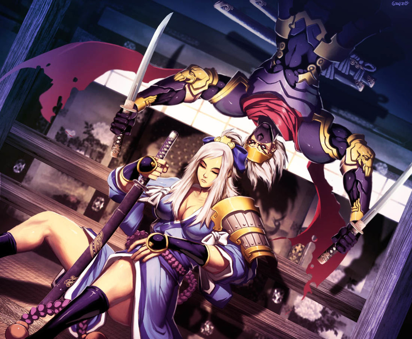 1girl arm_guards armor assassin black_gloves black_legwear blank_eyes blue_kimono blurry blurry_background breastplate breasts chrysanthemum cleavage closed_eyes closed_mouth dual_wielding dutch_angle faulds flower furrowed_eyebrows genzoman gloves hair_ornament hand_on_own_knee hanging holding holding_sword holding_weapon indoors japanese_armor japanese_clothes katana kimono kneehighs knees_up large_breasts legend_of_the_five_rings legs mask ninja obi on_floor outstretched_arms pauldrons ponytail railing red_scarf reverse_grip sash scabbard scarf shadow sheath sheathed shoulder_armor sitting sode sword tatami temple thighs torn_scarf unsheathed upside-down vambraces weapon white_eyes white_hair