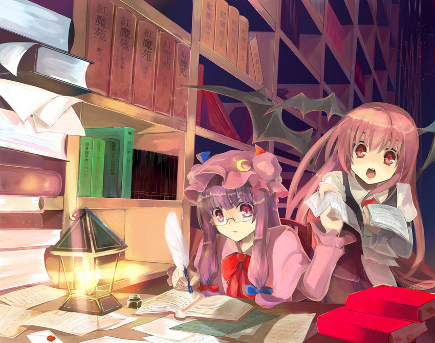 :o bad_id bad_pixiv_id bangs bespectacled blunt_bangs book bookshelf bow chirosuke crescent glasses hair_bow hat head_wings koakuma lantern letter library long_hair multiple_girls open_book open_mouth paper patchouli_knowledge purple_eyes purple_hair quill red_eyes red_hair shiny shiny_hair touhou voile wings writing