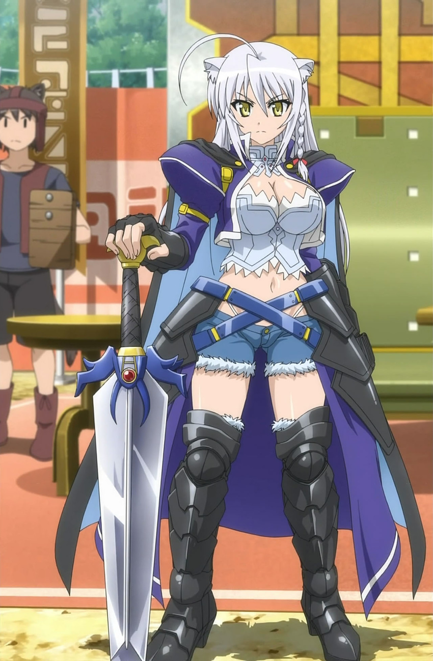 ahoge animal_ears armor boots braid breasts cleavage cutoffs denim denim_shorts dog_days fingerless_gloves gloves grey_hair highres large_breasts leonmitchelli_galette_des_rois long_hair midriff navel panties screencap shorts stitched sword third-party_edit thong underwear weapon yellow_eyes