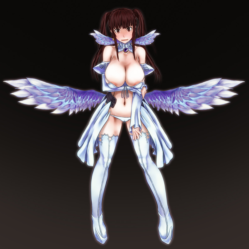 angel_wings areola_slip areolae arm_grab bangs bikini black_background blunt_bangs blush boots breast_hold breasts brooch brown_hair cameltoe choker cleavage covered_nipples detached_collar detached_sleeves earrings embarrassed fangs front-tie_top gem hand_on_thigh highres jewelry kuramoto_erika large_areolae large_breasts long_hair lowleg lowleg_bikini magical_girl mahou_shoujo_(raita) multiple_wings navel open_mouth orange_eyes puffy_sleeves sagging_breasts scharfschutze seraph sidelocks simple_background skirt sleeves_past_wrists solo standing star swimsuit thigh_boots thighhighs turtleneck twintails white_legwear wings