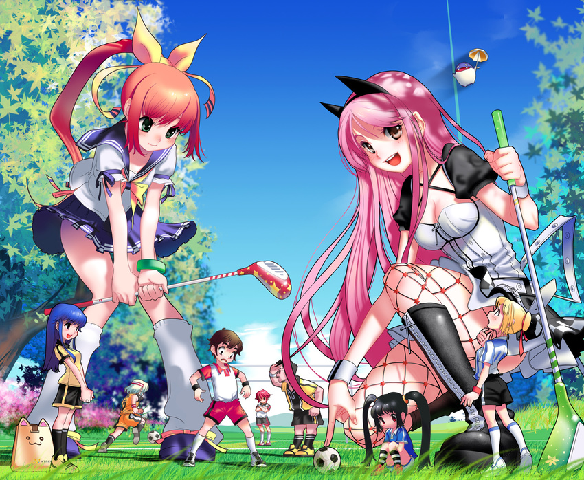 5girls animal_ears arin azer bag ball black_hair blue_hair blush boots bracelet breasts brown_eyes brown_hair cat_ears cecilia_(pangya) cleavage dolfini fishnet_legwear fishnets giantess golf_club green_eyes hana_(pangya) highres jewelry kamdia kaz kooh long_hair lucia_(pangya) max_(pangya) medium_breasts multiple_boys multiple_girls nuri pangya papel ponytail red_eyes red_hair school_uniform skirt small_breasts soccer soccer_ball telstar thighhighs twintails wrist_cuffs